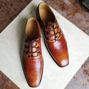 Handmade Tan Leather Derby Stylish Lace Up Shoes - leathersguru