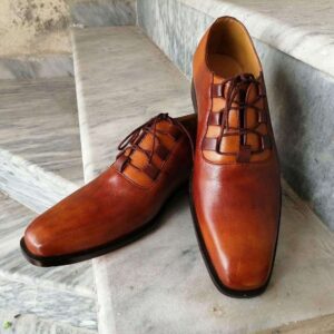 Handmade Tan Leather Derby Stylish Lace Up Shoes - leathersguru