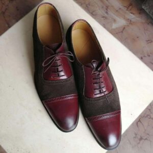 Handmade Brown Burgundy Leather Suede Cap Toe Shoe - leathersguru