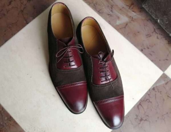Handmade Brown Burgundy Leather Suede Cap Toe Shoe - leathersguru