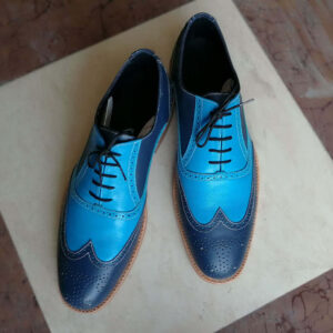 Bespoke Sky Blue & Blue Leather Wing Tip Lace Up Shoes - leathersguru