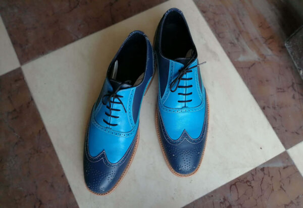 Bespoke Sky Blue & Blue Leather Wing Tip Lace Up Shoes - leathersguru