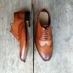 Men's Brogue Wing Tip Brown Leather Shoes - leathersguru