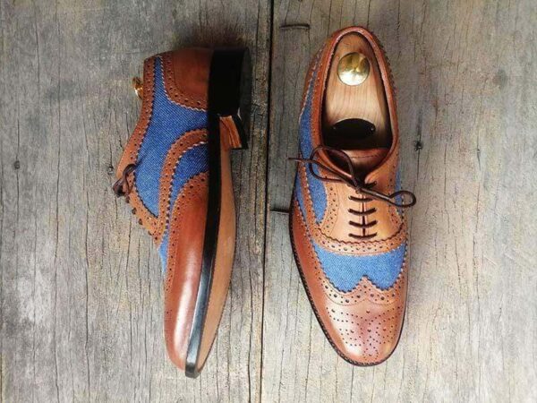 Men's Two Tone Wing Tip Brogue Denim Leather Shoes - leathersguru