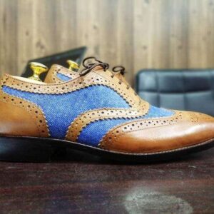 Men's Two Tone Wing Tip Brogue Denim Leather Shoes - leathersguru