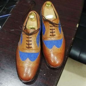 Men's Two Tone Wing Tip Brogue Denim Leather Shoes - leathersguru