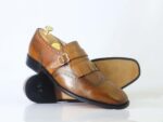 Bespoke Tan Leather Fringe Monk Strap Shoes for Men's - leathersguru