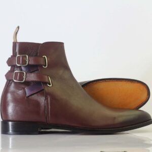 Bespoke Burgundy Leather Ankle High Double Buckle Up Boot - leathersguru