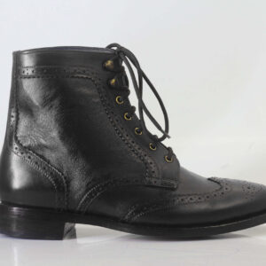 Bespoke Black Leather Ankle Wing Tip Brogue Lace Up Boot - leathersguru