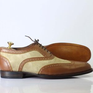 Bespoke Brown Beige Leather Suede Wing Tip Lace Up Shoes - leathersguru