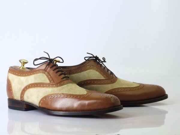 Bespoke Brown Beige Leather Suede Wing Tip Lace Up Shoes - leathersguru