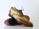 Bespoke Brown Beige Leather Suede Wing Tip Lace Up Shoes - leathersguru