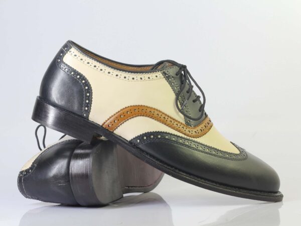 Bespoke Black White Leather Wing Tip Brogue Toe Shoes - leathersguru