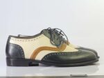 Bespoke Black White Leather Wing Tip Brogue Toe Shoes - leathersguru