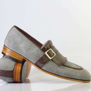 Bespoke Grey Brown Buckle Loafers for Men's - leathersguru