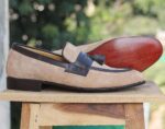 Handmade Beige Tussle Slip On Men Shoe - leathersguru