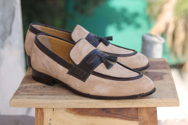 Handmade Beige Tussle Slip On Men Shoe - leathersguru