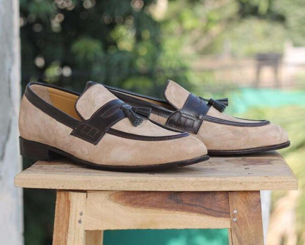 Handmade Beige Tussle Slip On Men Shoe - leathersguru