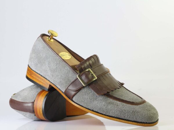 Bespoke Gray Brown Fringe Loafer Suede Monk Strap Shoe for Men - leathersguru