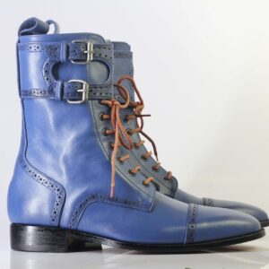 Bespoke Blue Ankle High Cap Toe Buckle Lace Up Boots for Men's - leathersguru