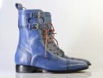 Bespoke Blue Ankle High Cap Toe Buckle Lace Up Boots for Men's - leathersguru
