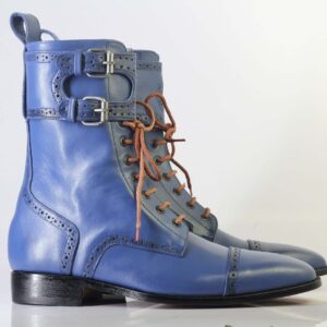 Bespoke Blue Ankle High Cap Toe Buckle Lace Up Boots for Men's - leathersguru