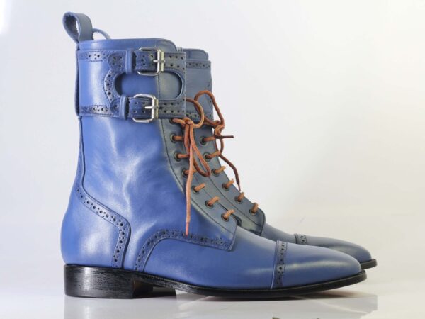 Bespoke Blue Ankle High Cap Toe Buckle Lace Up Boots for Men's - leathersguru