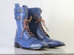 Bespoke Blue Ankle High Cap Toe Buckle Lace Up Boots for Men's - leathersguru