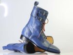 Bespoke Blue Ankle High Cap Toe Buckle Lace Up Boots for Men's - leathersguru