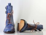 Bespoke Blue Ankle High Cap Toe Buckle Lace Up Boots for Men's - leathersguru