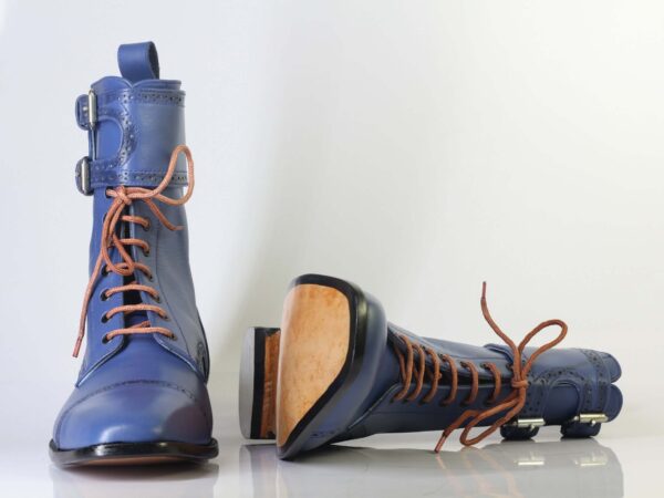 Bespoke Blue Ankle High Cap Toe Buckle Lace Up Boots for Men's - leathersguru