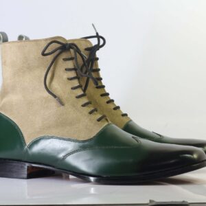 Bespoke Green Beige Suede Leather Ankle Wing Tip Boot - leathersguru