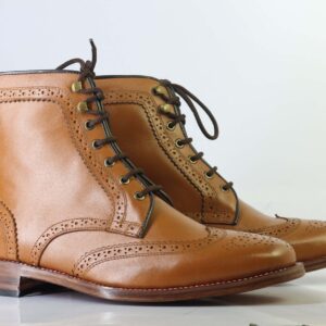 Bespoke Brown Leather Ankle Wing Tip Brogue Toe Boots - leathersguru