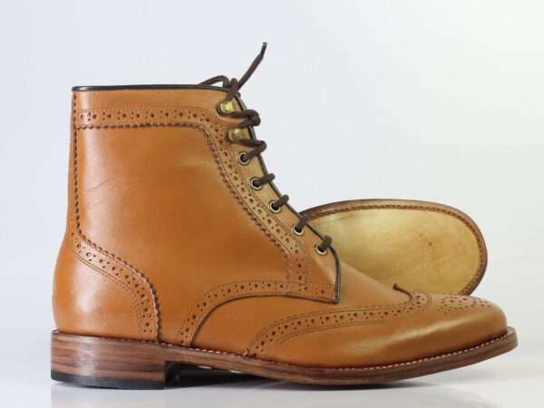 Bespoke Brown Leather Ankle Wing Tip Brogue Toe Boots - leathersguru