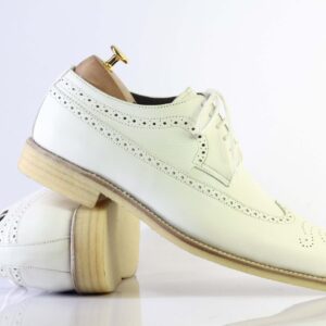 Bespoke White Leather Wing Tip Lace Up Shoe for Men's - leathersguru