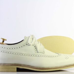 Bespoke White Leather Wing Tip Lace Up Shoe for Men's - leathersguru