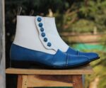 White Blue Button Leather Ankle Boots - leathersguru