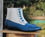 White Blue Button Leather Ankle Boots - leathersguru