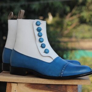 White Blue Button Leather Ankle Boots - leathersguru