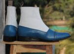 White Blue Button Leather Ankle Boots - leathersguru