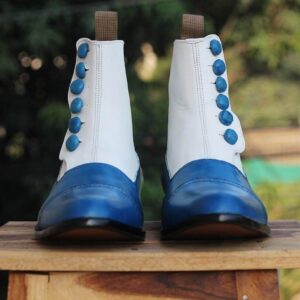 White Blue Button Leather Ankle Boots - leathersguru