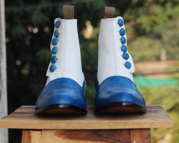 White Blue Button Leather Ankle Boots - leathersguru