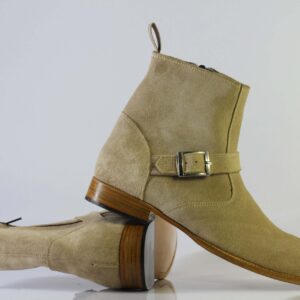 Bespoke Beige Suede Ankle Buckle Up Boots - leathersguru