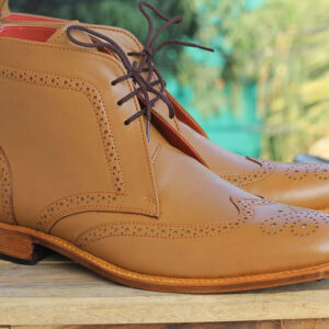 Bespoke Tan Leather  High Ankle Wing Tip Lace Up Boots - leathersguru