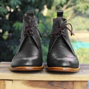 Bespoke Black Chukka Leather Wing Tip Lace Up Boots - leathersguru