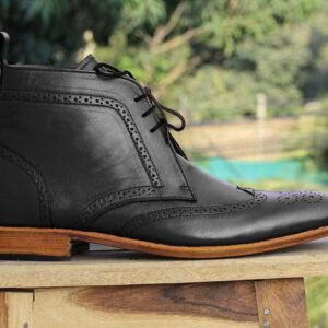 Handmade Black Chukka Wing tip Leather Boot - leathersguru