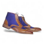 Bespoke Blue & Brown Leather Suede Wing Tip Ankle Lace Up Boot - leathersguru