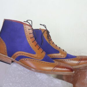 Bespoke Blue & Brown Leather Suede Wing Tip Ankle Lace Up Boot - leathersguru