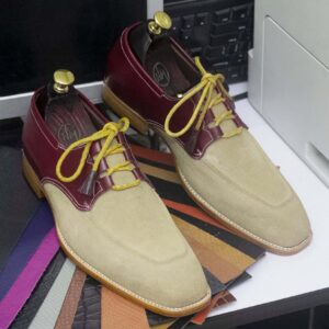 Handmade Two Tone Leather Suede Lace Up Style Shoes For Men's Party Shoes