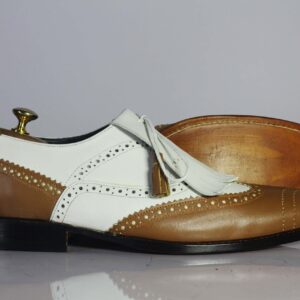 Bespoke White & Brown Leather Fringe Wing Tip Shoes for Men's - leathersguru